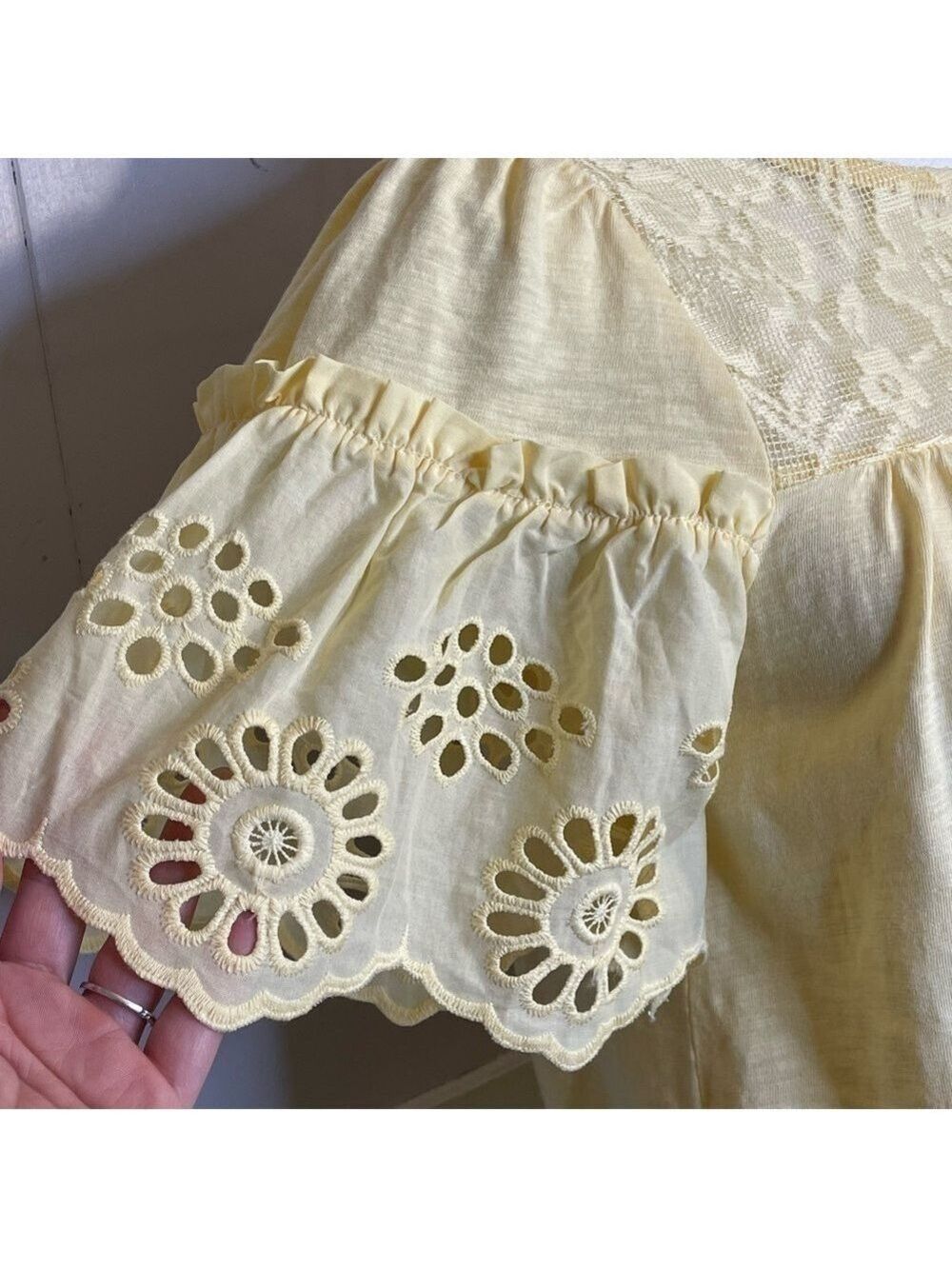 Cottage core top, yellow peasant blouse, lace, ruffles - Picture 7 of 14